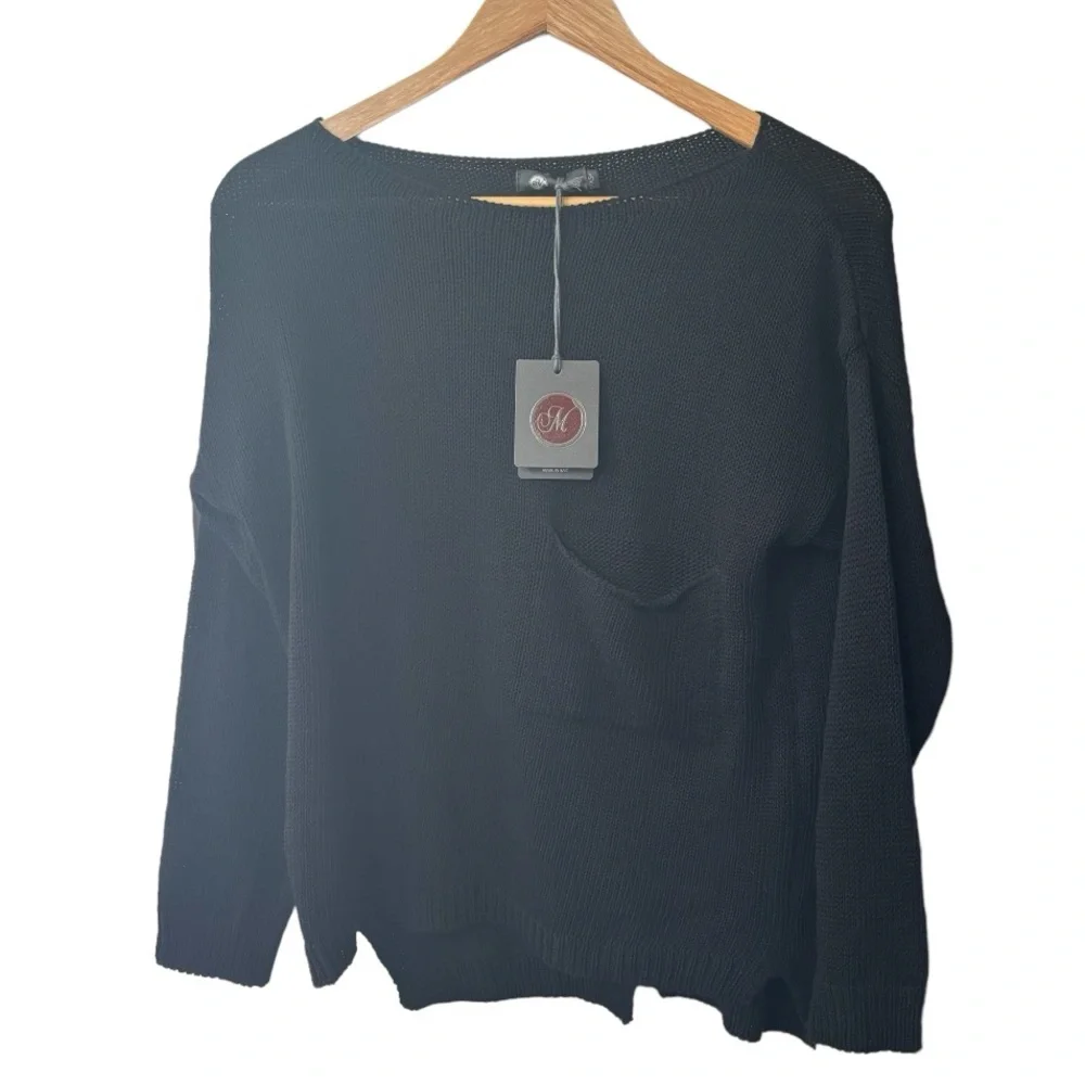 NWT M MADE IN ITALY 100% Cotton Black Sweater - Picture 2 of 6
